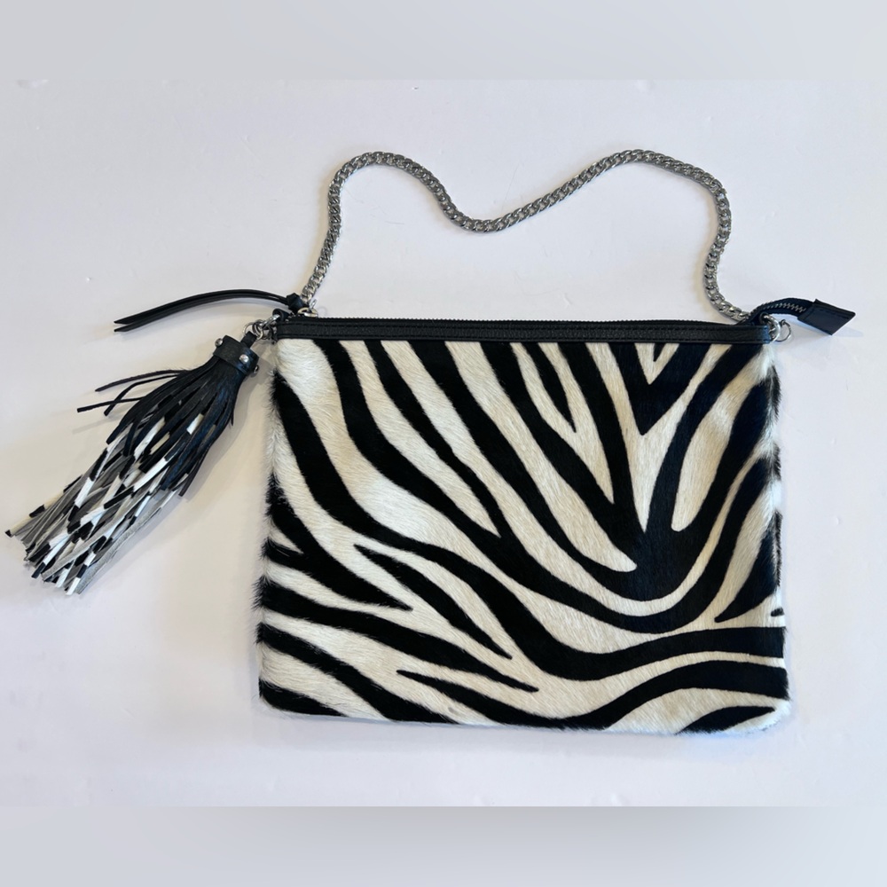 Chico's Zebra Calf Hair Zip 11” x 9” Handbag Leather Silver Chain